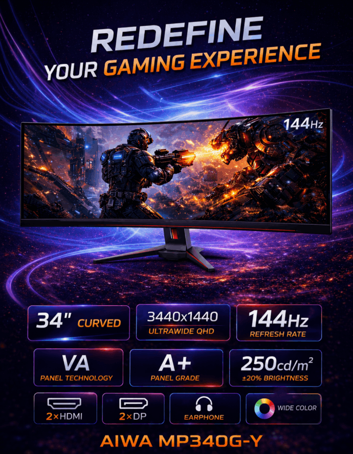AIWA MP340G-Y 34-inch curved ultrawide gaming monitor with 144Hz refresh rate, VA panel, and UltraWide QHD display